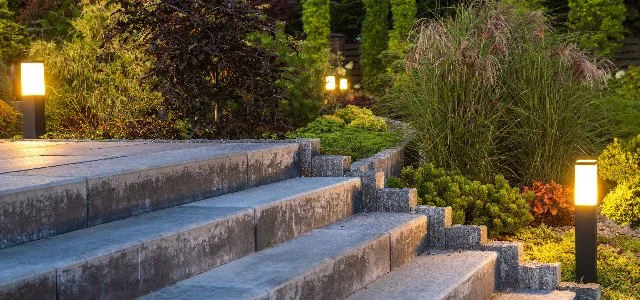 Three outdoor lights in landscape at Saddle River, NJ home.